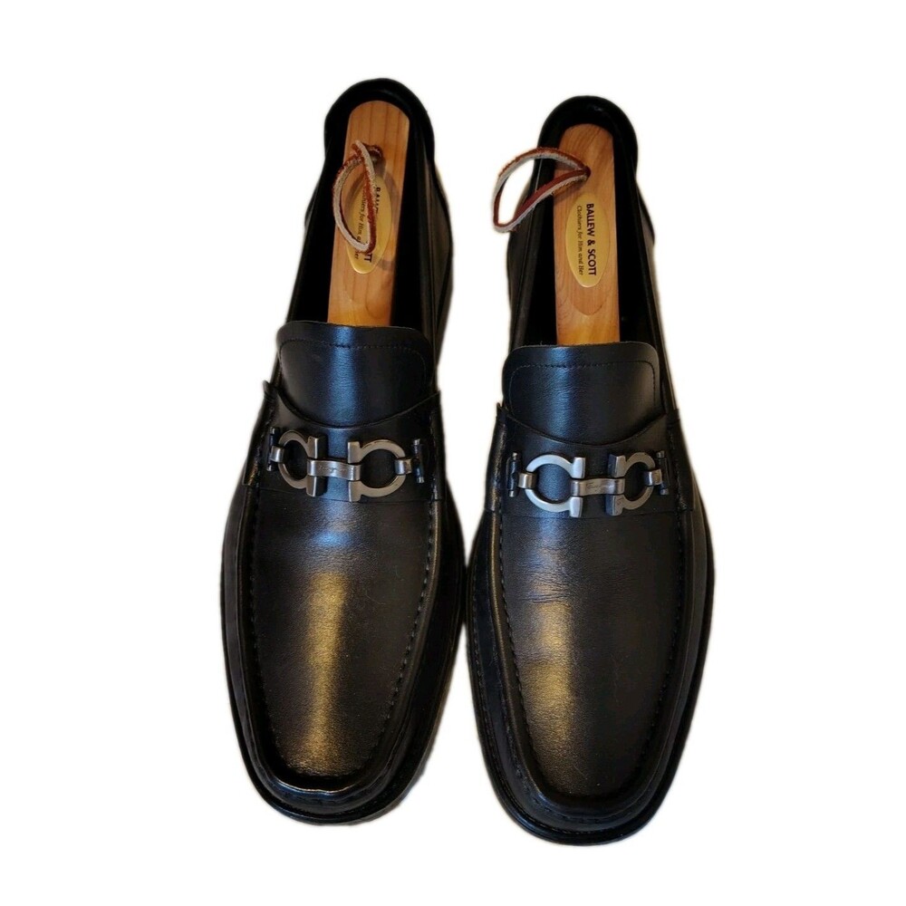 Salvatore Ferragamo Black Leather Gancini Bit Loafers Mens 8.5 D Rubber Sole